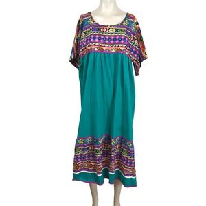 Vintage Appel Muumuu Dress Teal Southwestern Geometric Print Maxi XL Made in USA